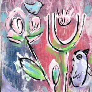 Acrylic abstract Flower Bird painting On Cedar Wood panel 6"x6"