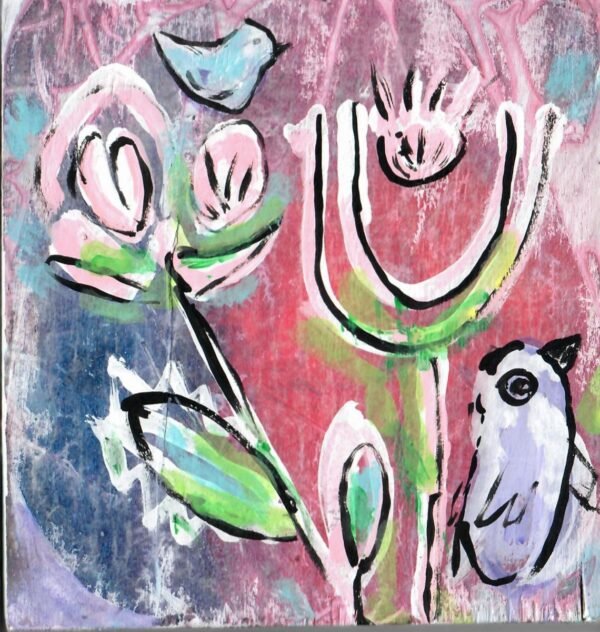 Acrylic abstract Flower Bird painting On Cedar Wood panel 6"x6"