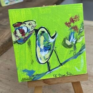 Green wood panel acrylic bird painting