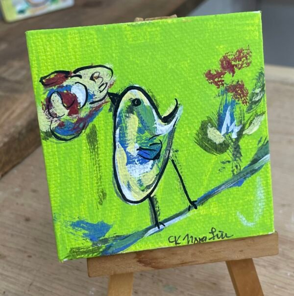 Green wood panel acrylic bird painting