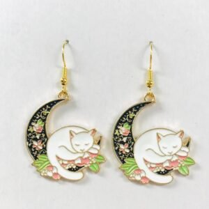 Enamel kitty moon earrings