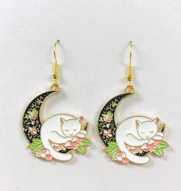 Enamel kitty moon earrings