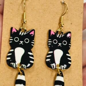 Black Dangling Kitty cat enamel  earrings